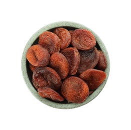 Photo of Ceramic bowl with tasty dried apricots isolated on white, top view