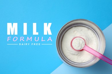 Image of Can of powdered dairy free infant formula and scoop on color background, top view. Baby milk