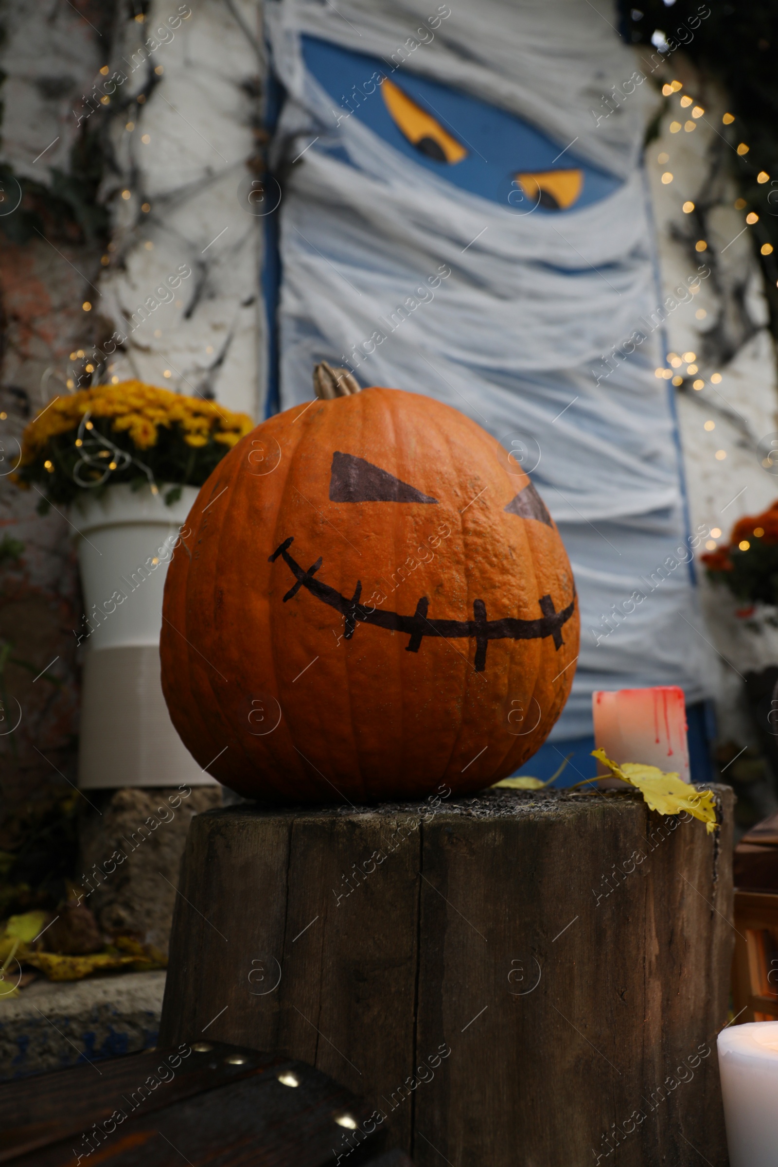 Photo of Yard entrance decorated for traditional Halloween celebration