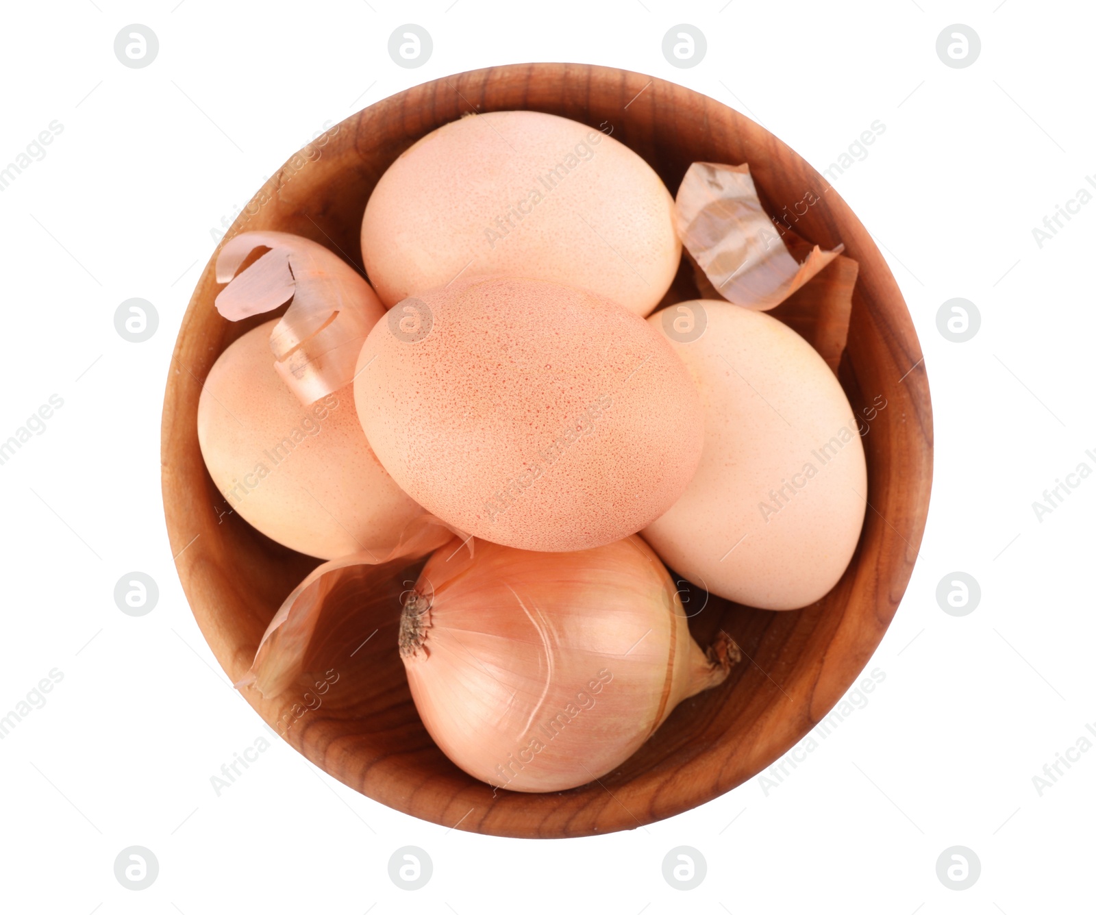 Photo of Easter eggs painted with natural dye and onion on white background, top view
