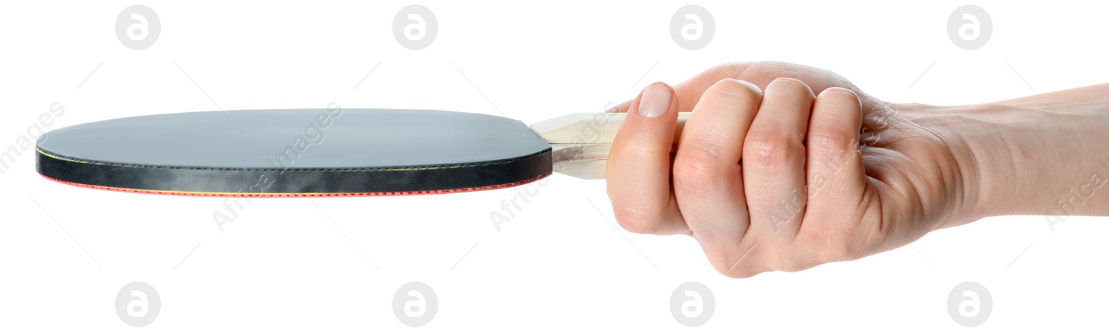 Photo of Woman holding ping pong racket on white background, closeup