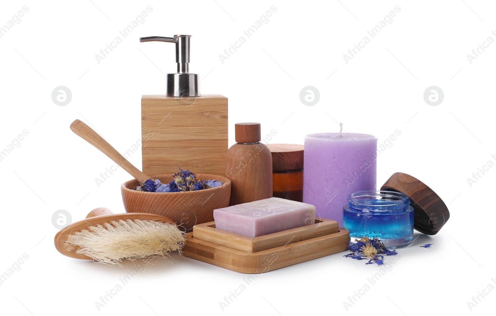 Photo of Composition with spa products, petals and candle isolated on white