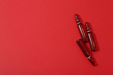 Photo of Glass ampoules with liquid on red background, top view. Space for text