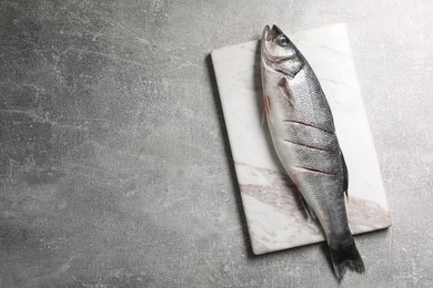 Fresh raw sea bass fish on light gray table, top view. Space for text