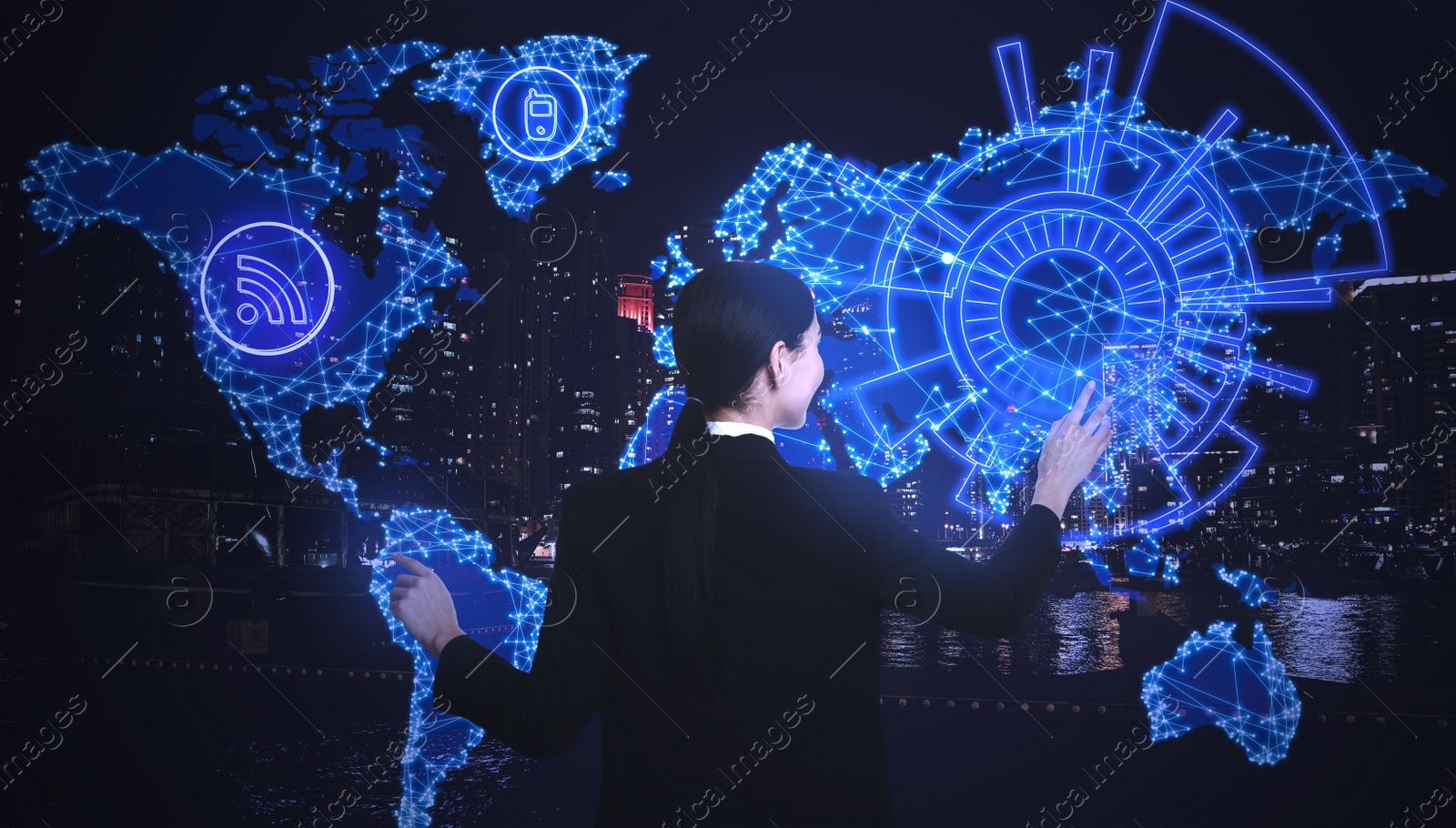 Image of Young businesswoman with world map and network schemes against cityscape. Cloud technology 