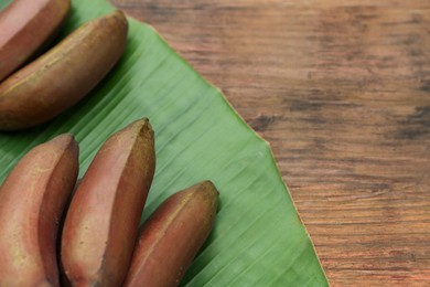 Photo of Delicious purple bananas and fresh leaf on wooden table, closeup. Space for text