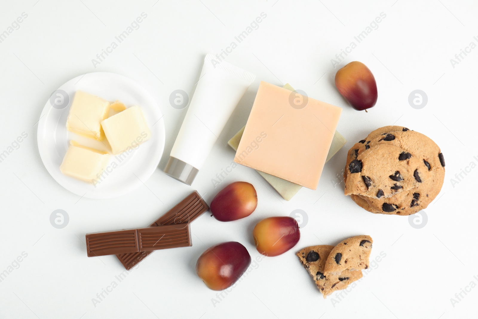 Image of Composition with palm oil fruits on white table, top view