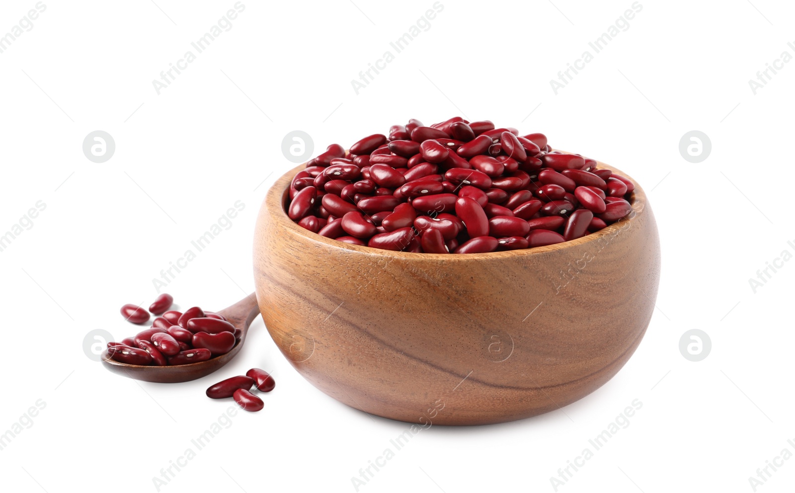 Photo of Raw red kidney beans with wooden bowl and spoon isolated on white