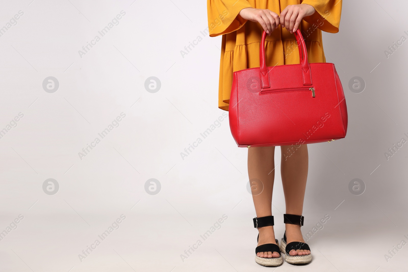 Photo of Young woman with stylish bag on white background, closeup