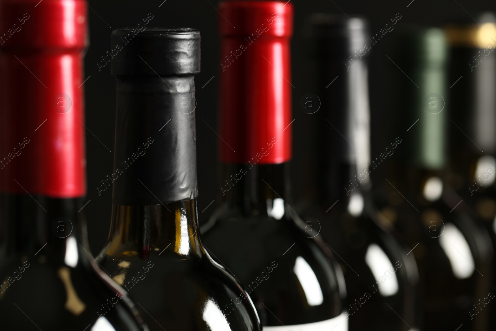 Photo of Bottles of different wines, closeup. Expensive collection