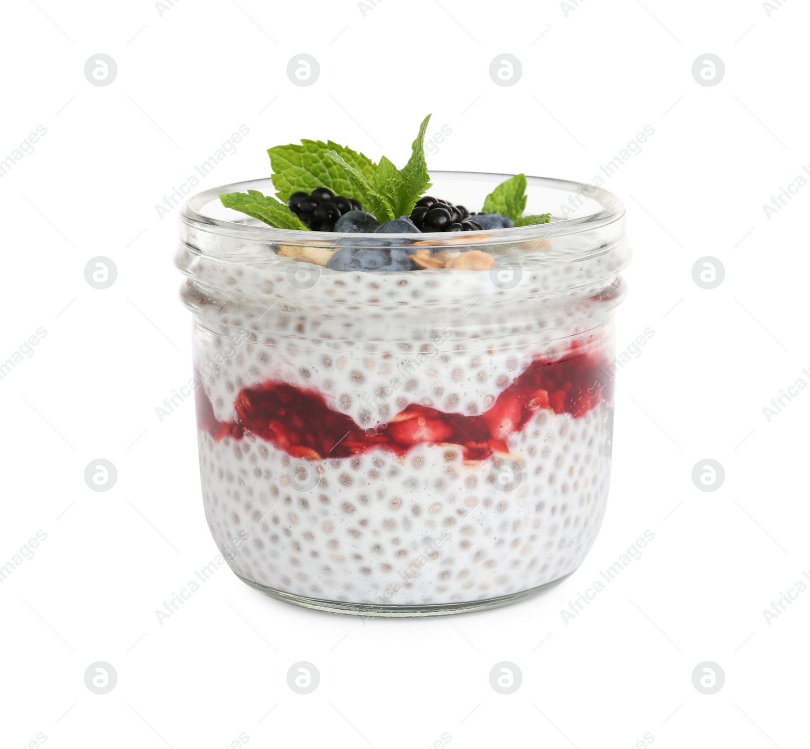 Photo of Delicious chia pudding with berries and granola on white background