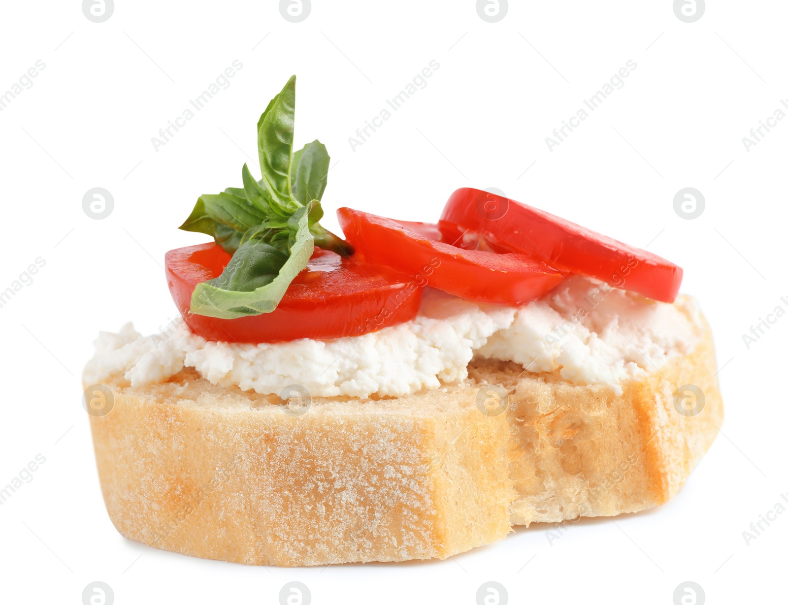 Photo of Tasty fresh tomato bruschetta on white background