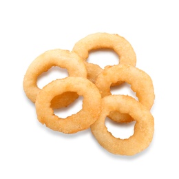 Freshly cooked onion rings on white background, top view