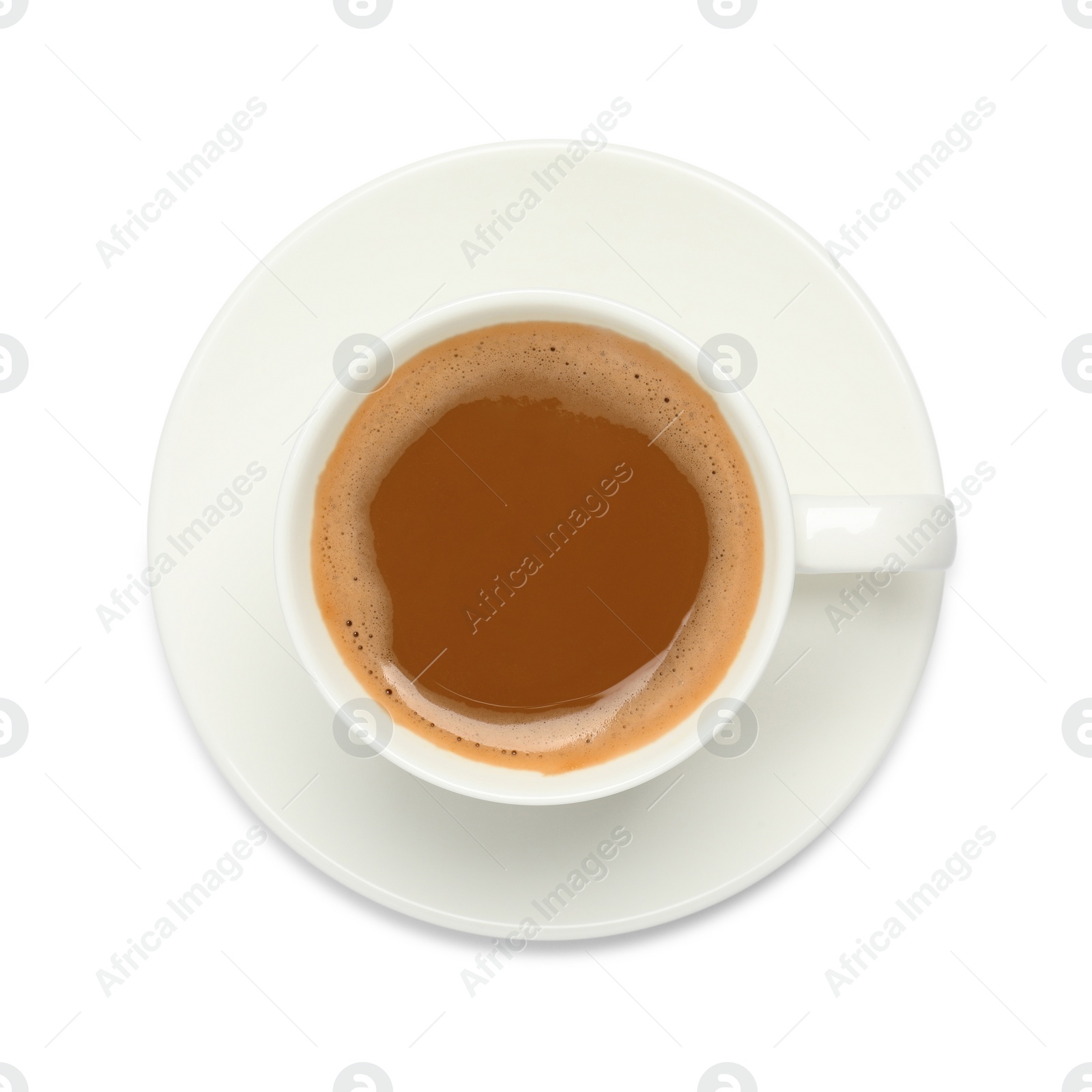 Photo of Cup of hot coffee and saucer isolated on white, top view