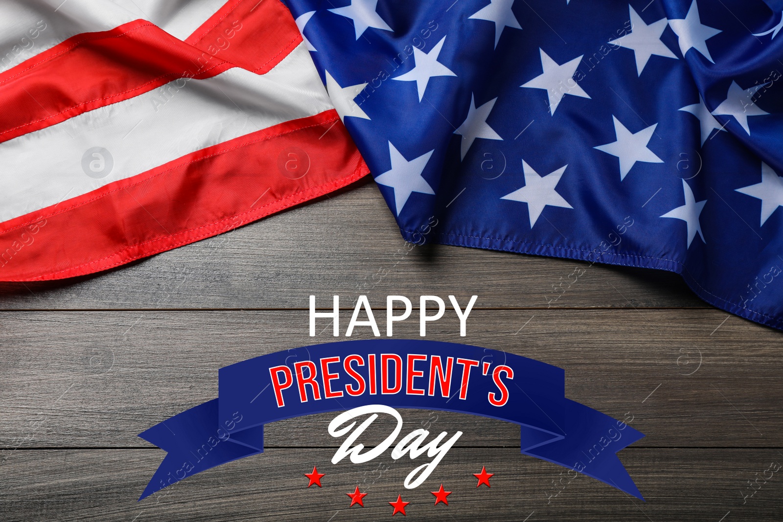 Image of Happy President's Day - federal holiday. American flag and text on wooden background, top view