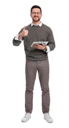 Handsome bearded businessman in eyeglasses with tablet on white background