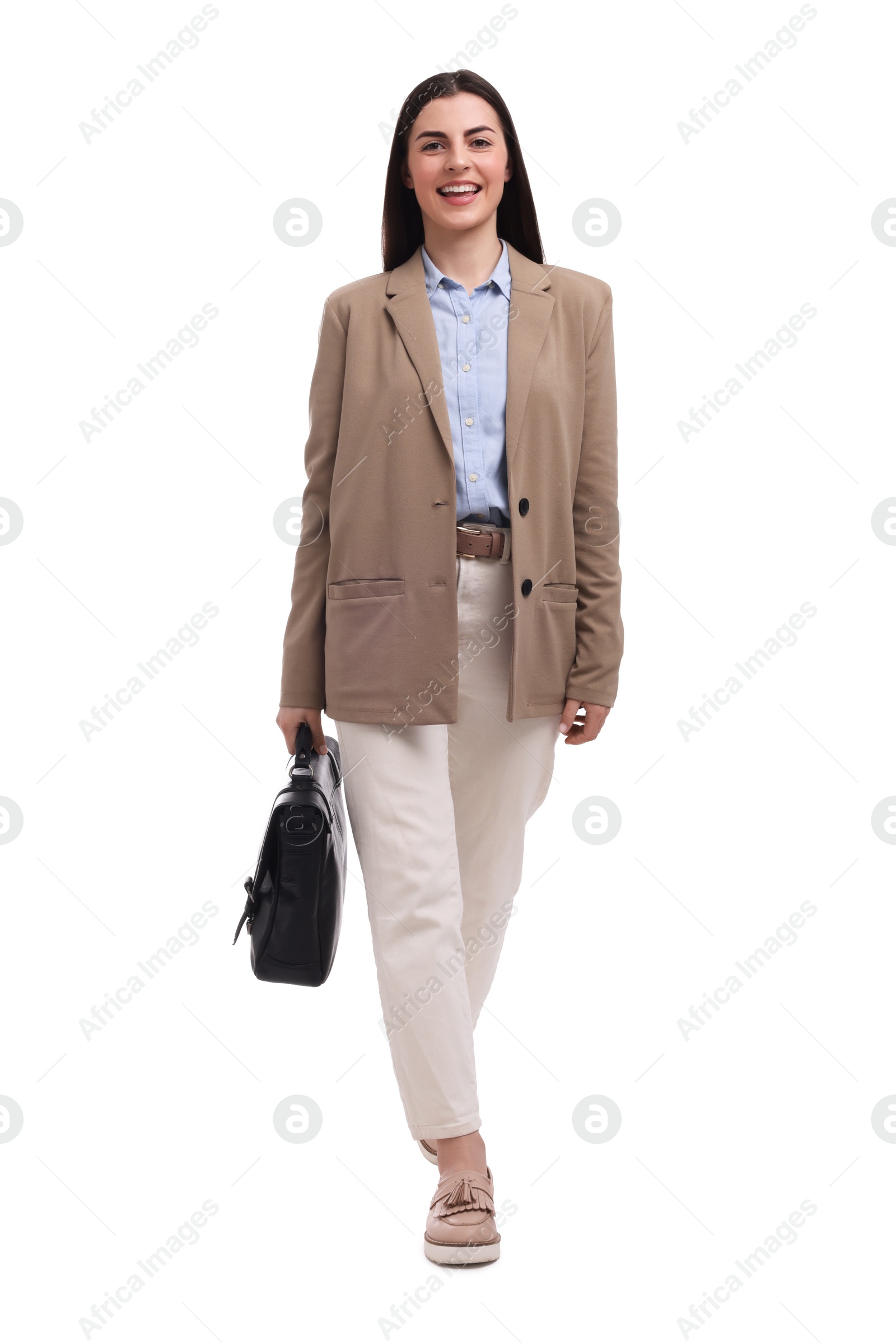 Photo of Beautiful happy businesswoman with briefcase walking on white background