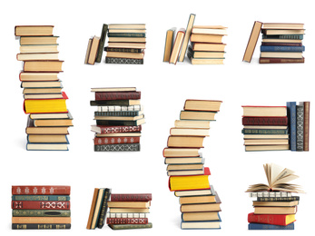 Image of Collection of different retro books on white background