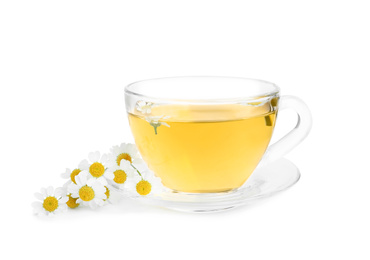 Delicious chamomile tea in glass cup isolated on white