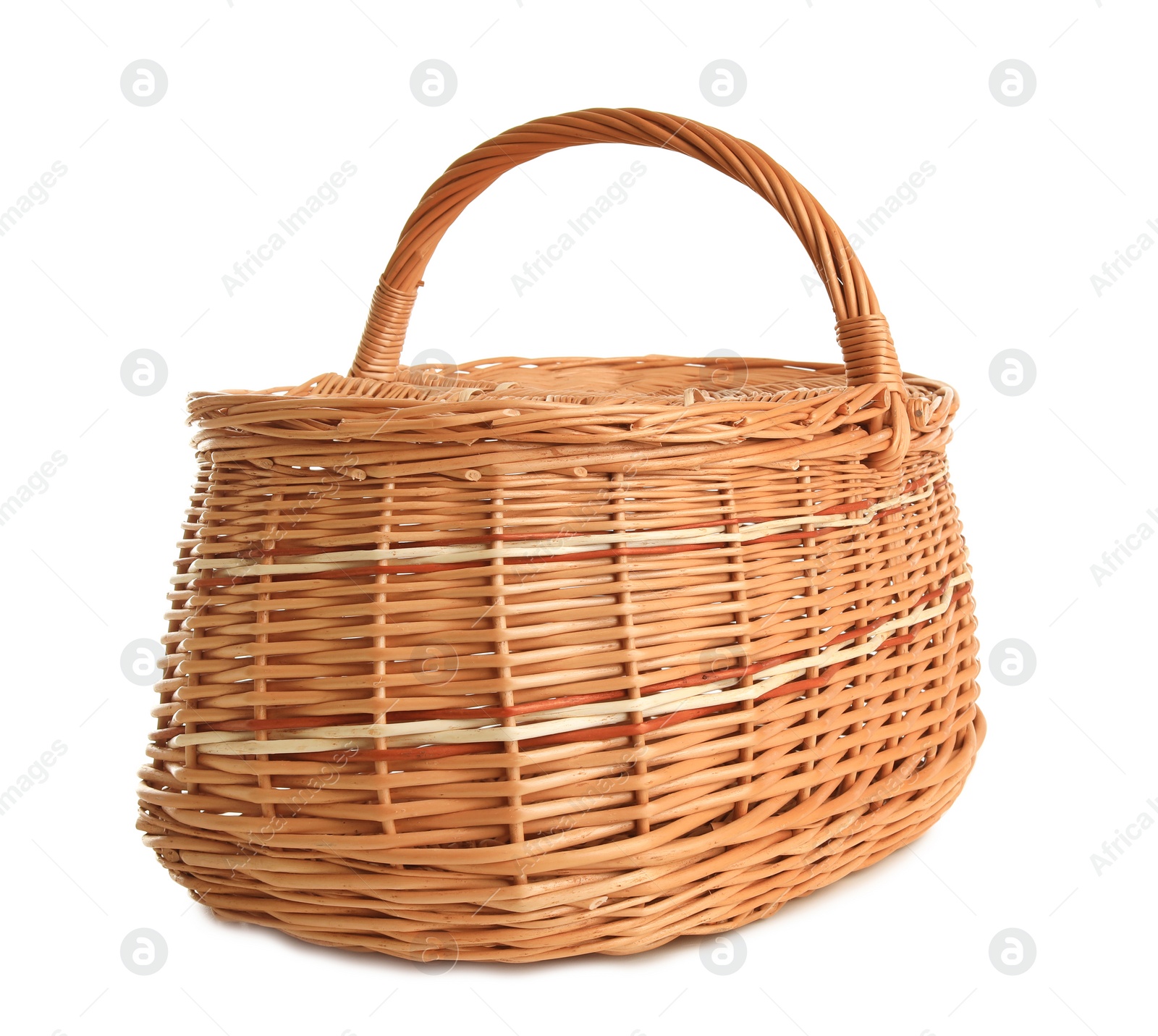 Photo of Empty wicker picnic basket isolated on white