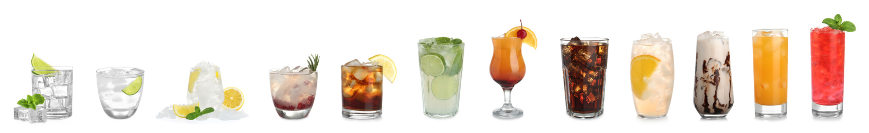 Image of Set of different delicious cocktails with ice cubes on white background. Banner design 