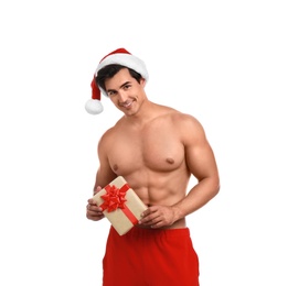 Sexy shirtless Santa Claus with gift on white background