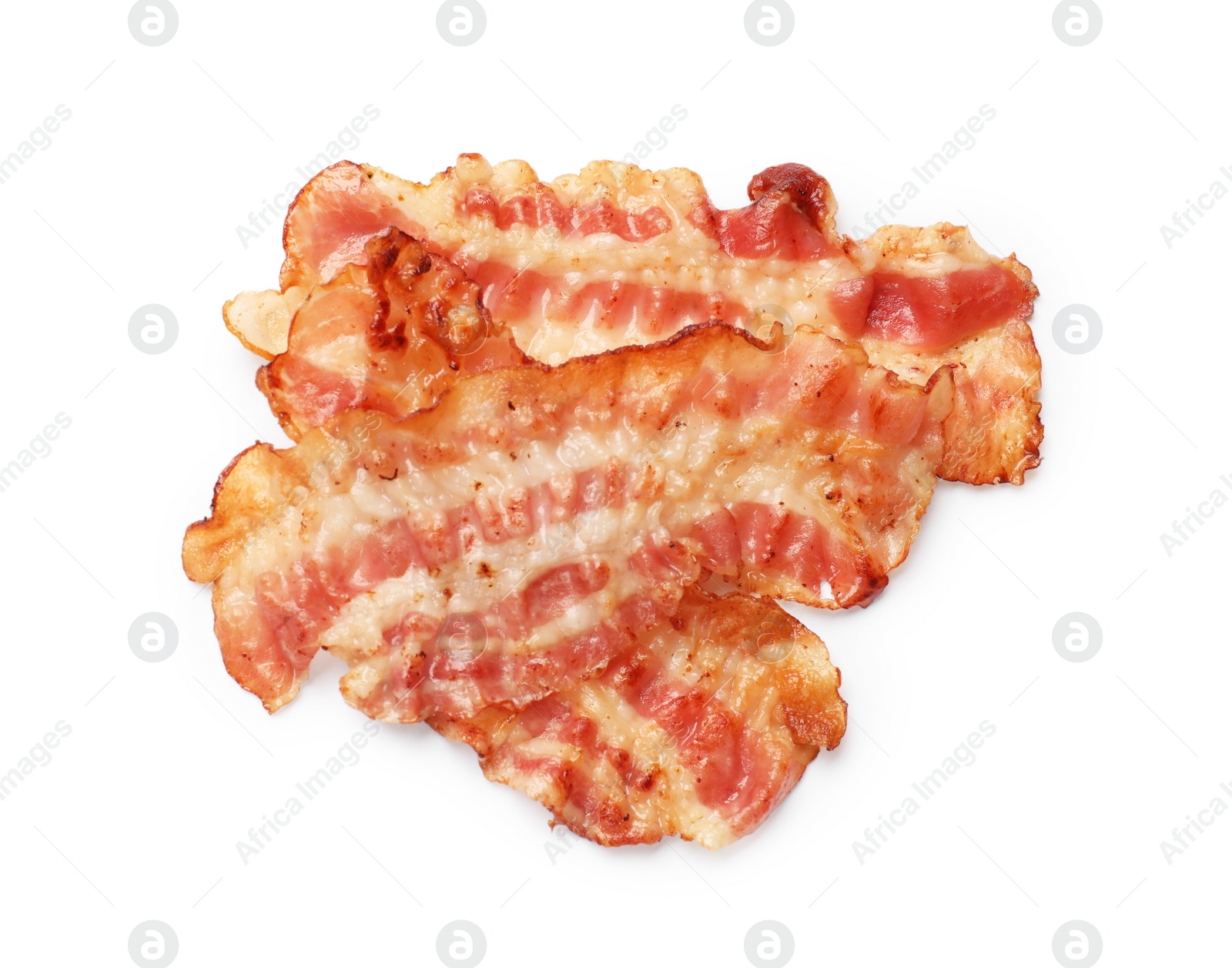 Photo of Delicious fried bacon slices isolated on white, top view