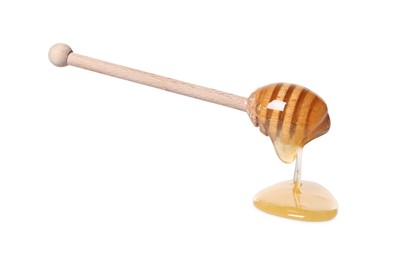 Photo of Natural honey dripping from dipper on white background