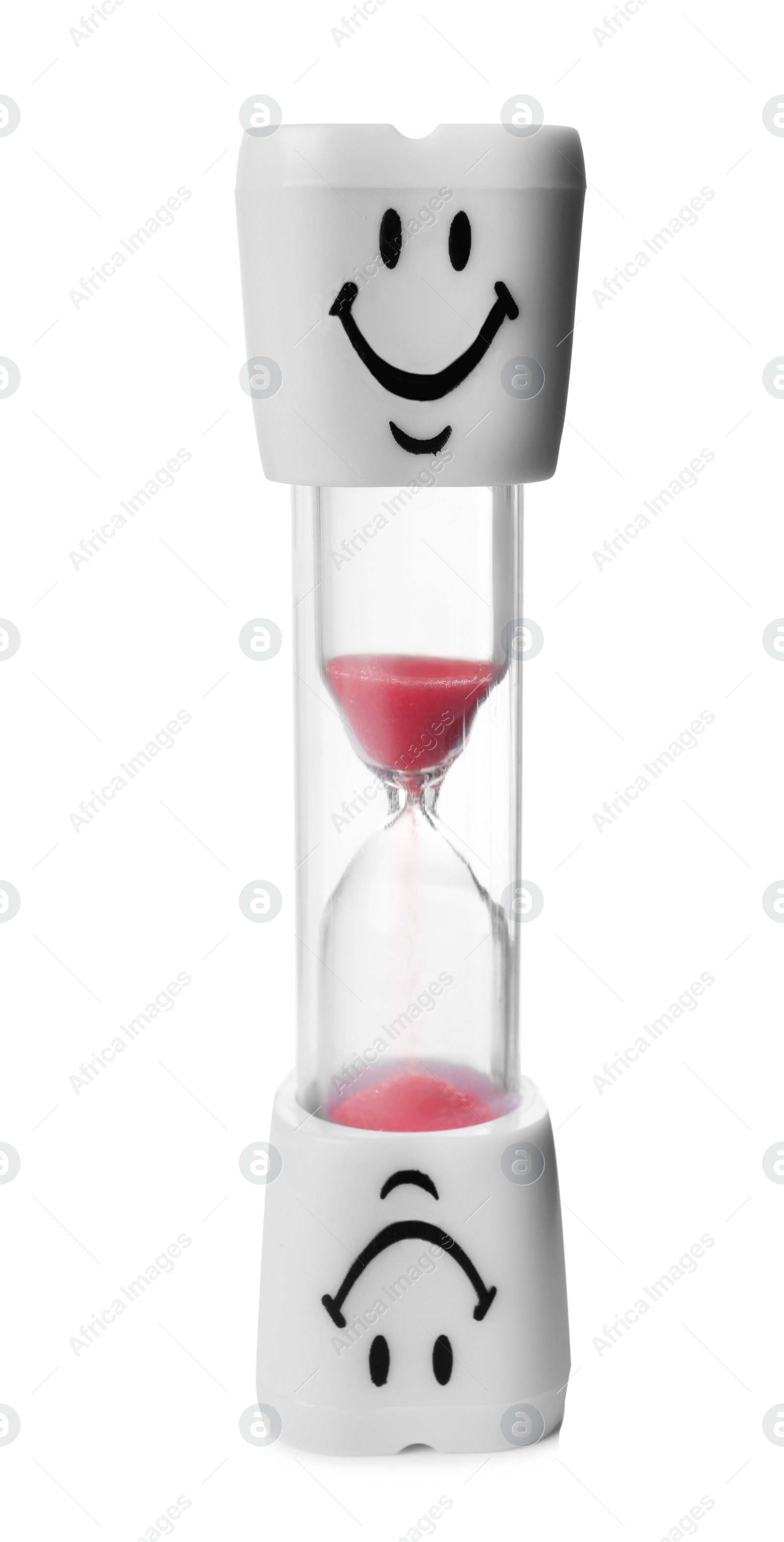 Photo of Hourglass with funny faces on white background. Brushing teeth time