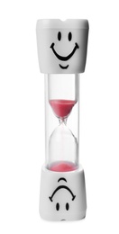 Hourglass with funny faces on white background. Brushing teeth time