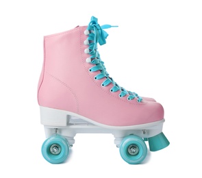 Photo of Pair of stylish quad roller skates on white background