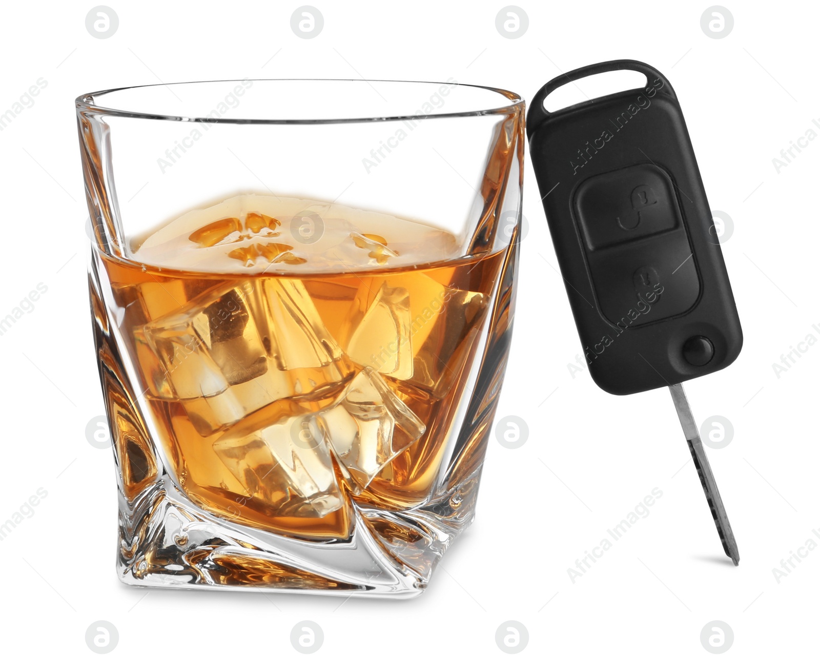 Photo of Glass of alcohol and car key isolated on white. Drunk driving concept