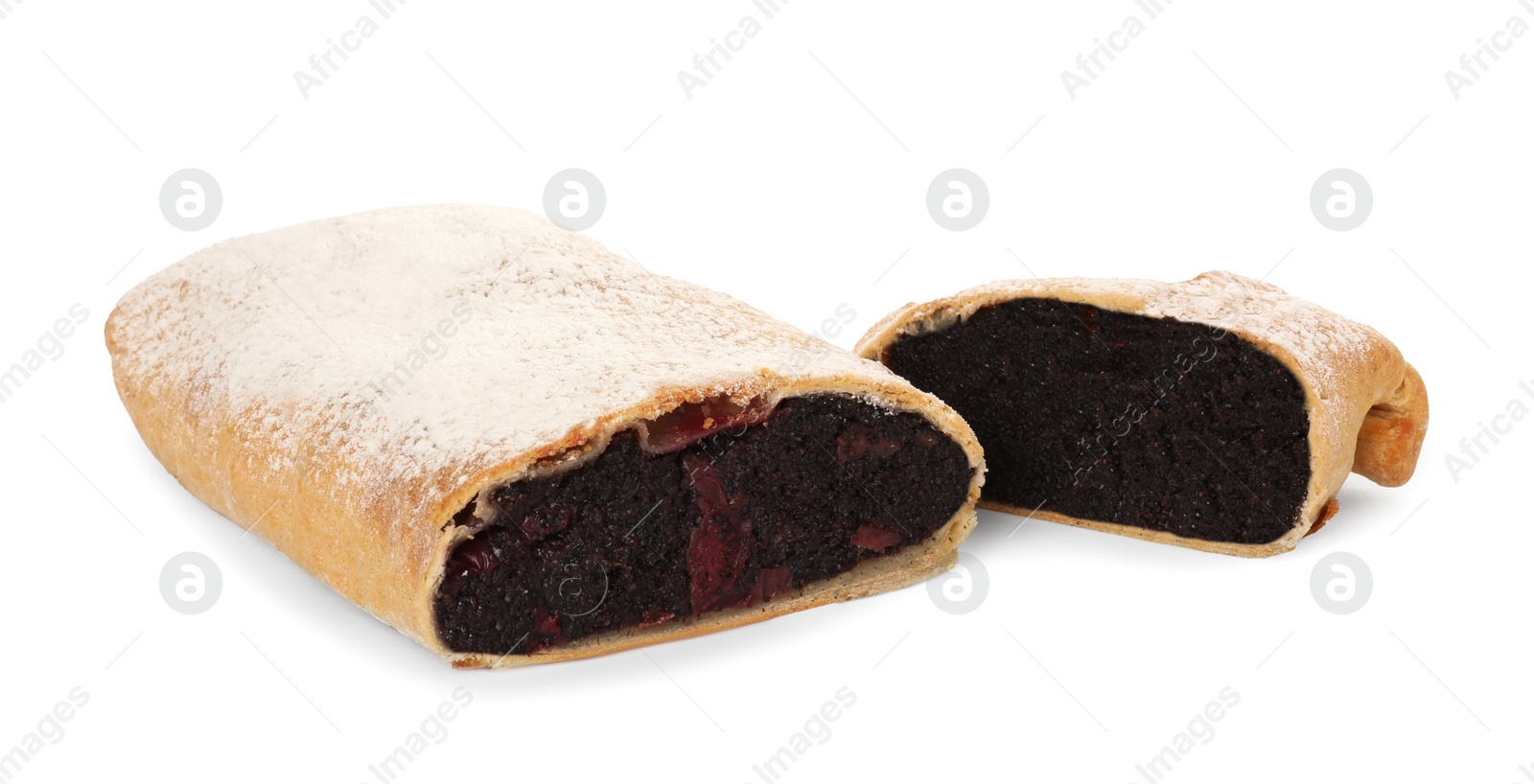 Photo of Delicious cut strudel with cherries and poppy seeds isolated on white