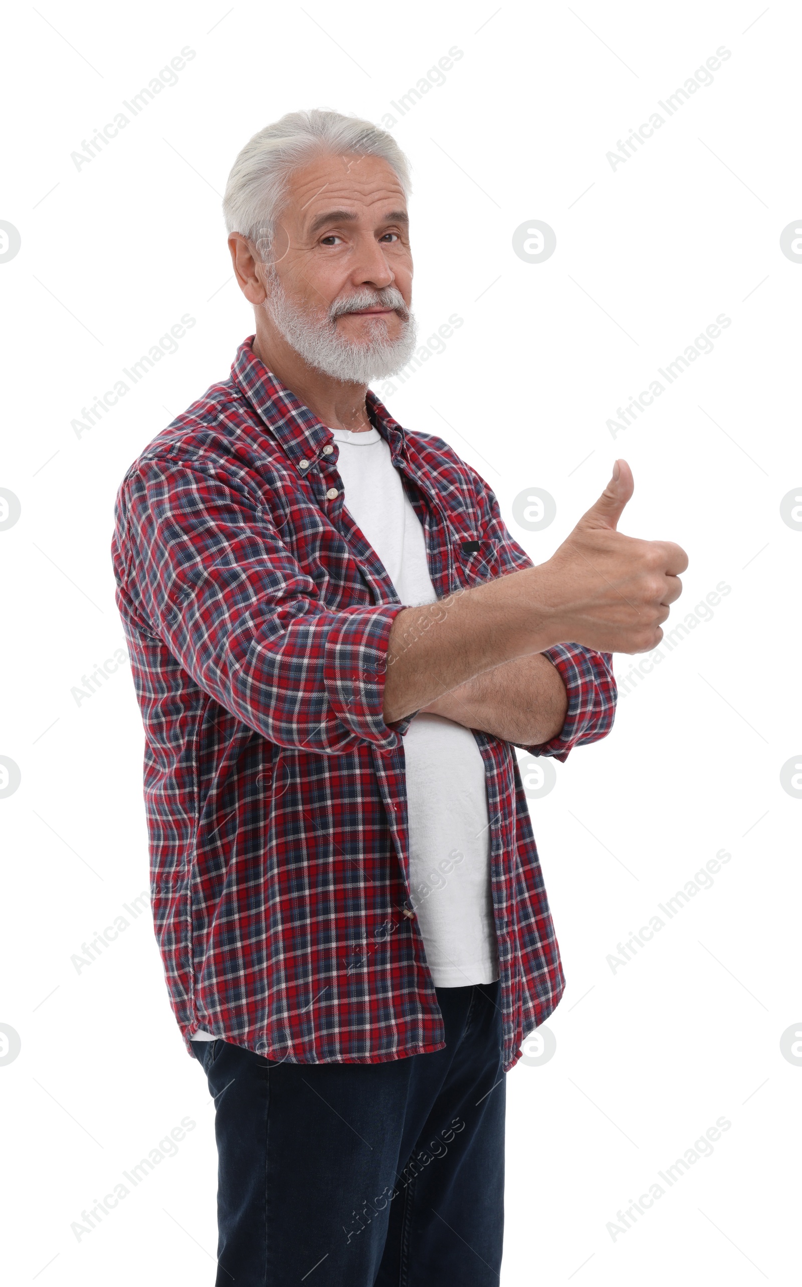 Photo of Man showing thumb up on white background