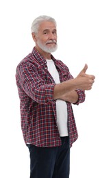 Man showing thumb up on white background