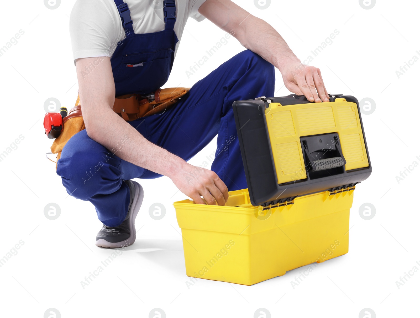 Photo of Professional repairman with tool box on white background