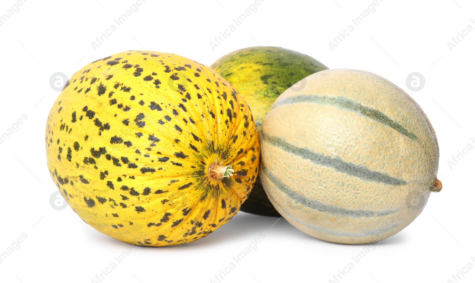 Photo of Tasty colorful ripe melons on white background