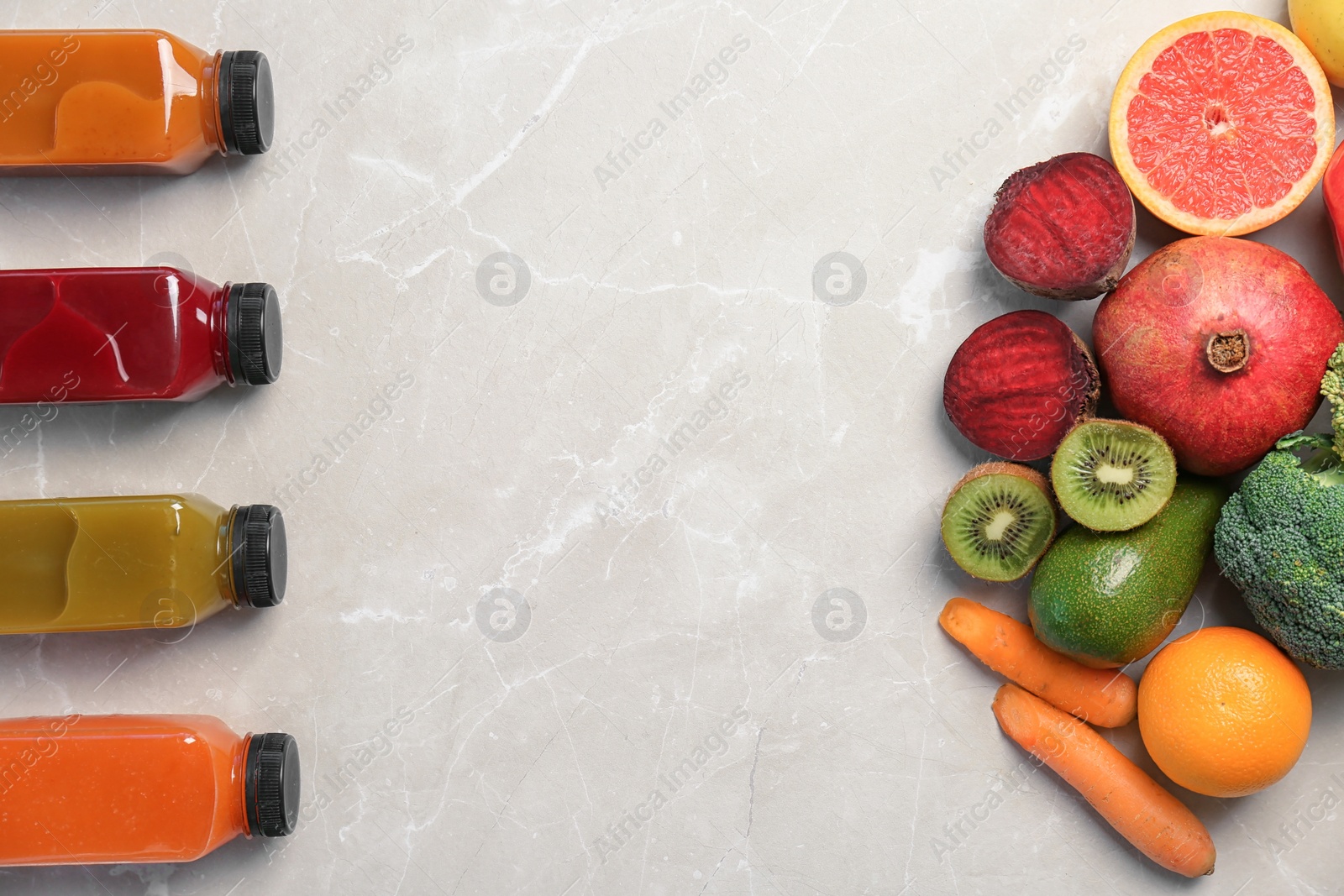 Photo of Flat lay composition with healthy detox smoothies and ingredients on light background