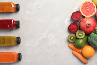 Flat lay composition with healthy detox smoothies and ingredients on light background