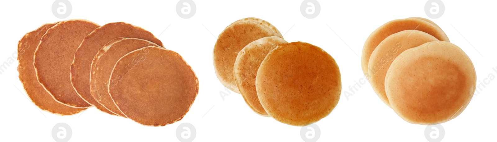 Image of Set of tasty pancakes isolated on white, top view