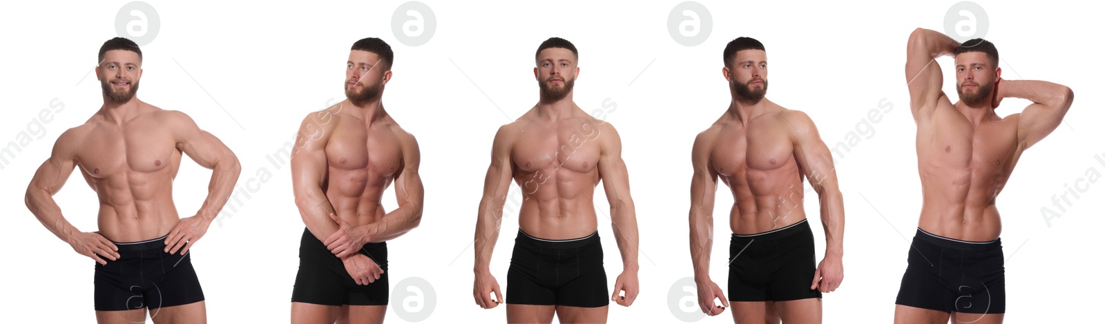 Image of Handsome man in stylish black underwear on white background, set of photos