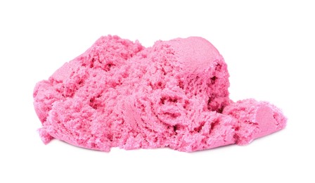 Photo of Pile of pink kinetic sand on white background