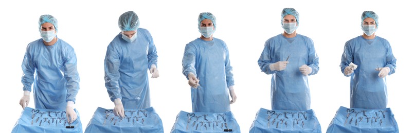 Image of Collage with photos of doctor near table with different surgical instruments on white background. Banner design