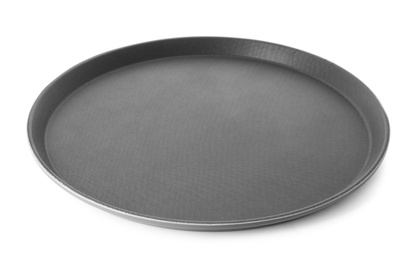 Photo of New black serving tray isolated on white