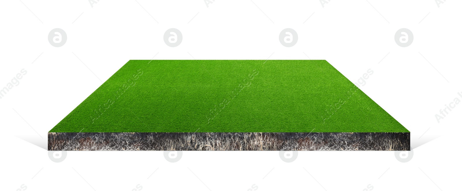 Image of Green grass with soil. Land piece in shape of square isolated on white