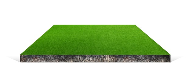 Green grass with soil. Land piece in shape of square isolated on white