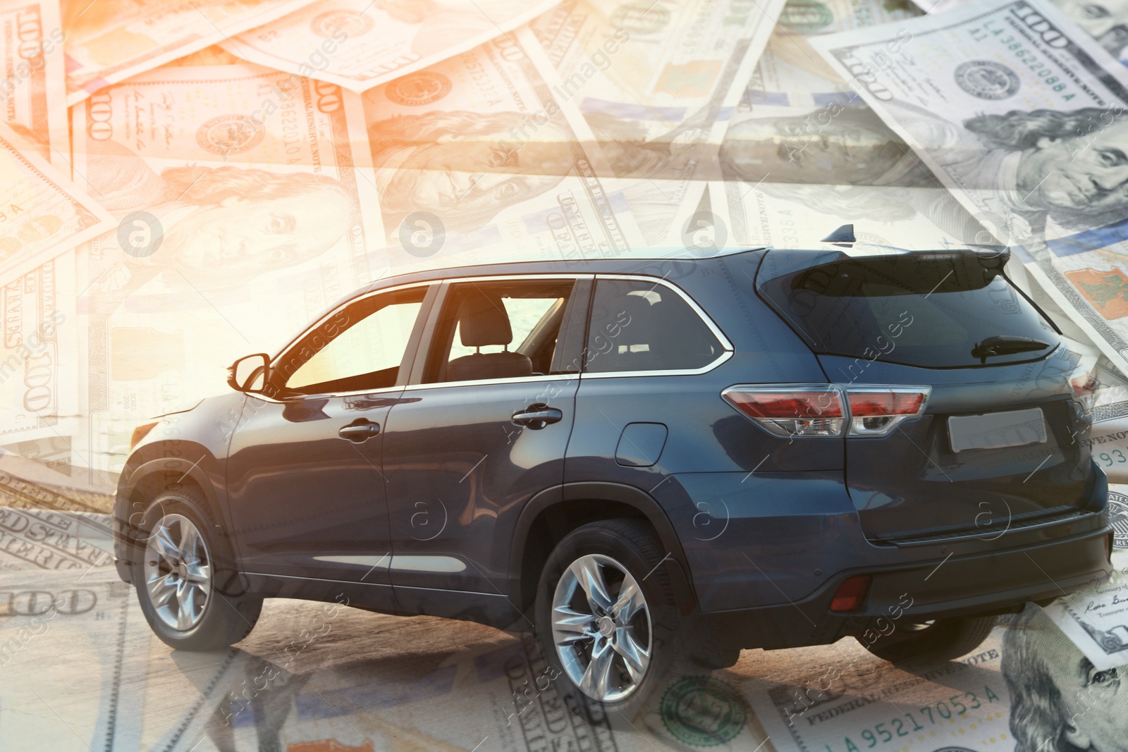 Image of Buying car. Double exposure of auto and dollar banknotes