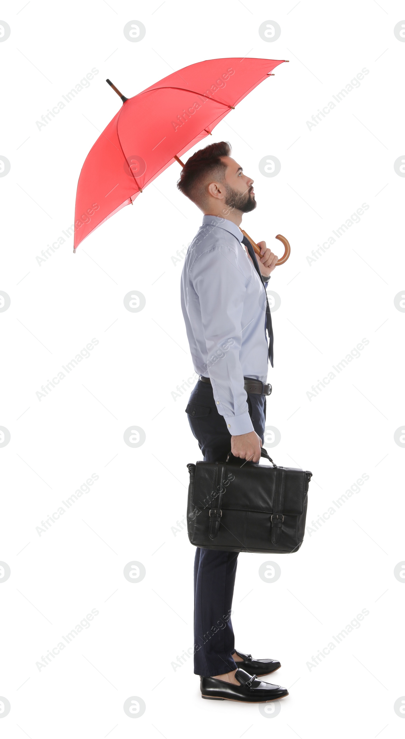 Photo of Businessman with red umbrella on white background