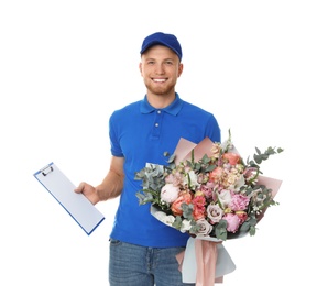Photo of Delivery man with beautiful flower bouquet isolated on white