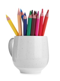 Colorful pencils in cup on white background